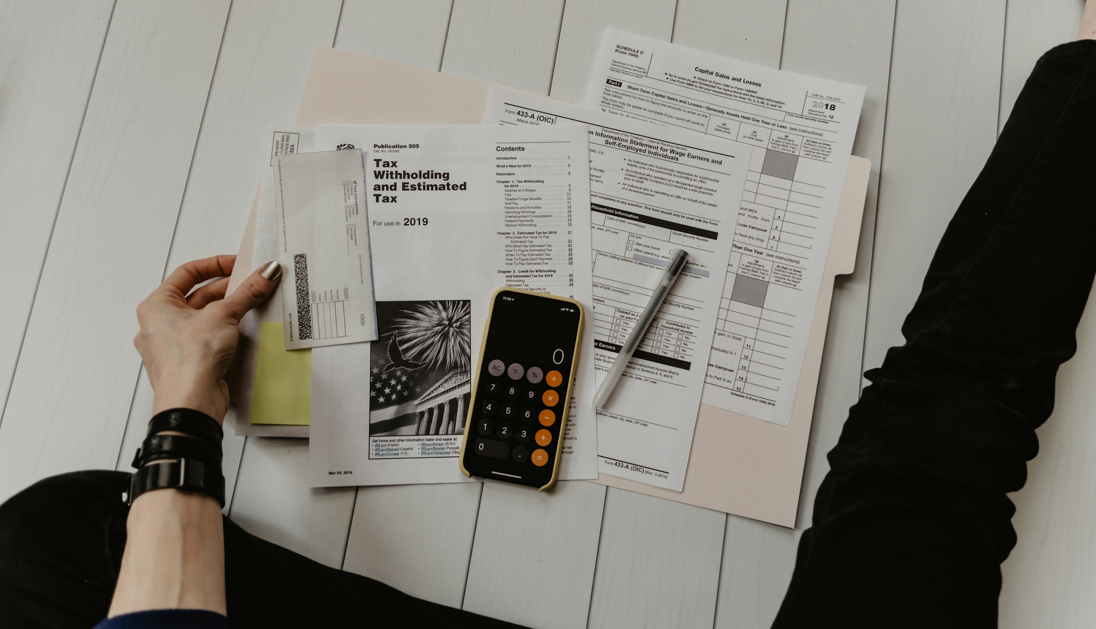 Financial documents, charts, and calculator on a desk
